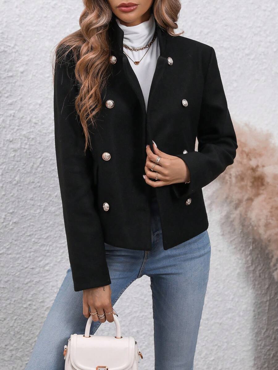 SHEIN Clasi Solid Double Breasted Overcoat - Black - View 1