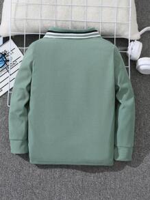 SHEIN 男童休闲宽松舒适纯色针织长袖 Polo 衫 - 綠色 - 查看 2