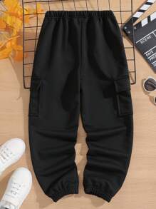 SHEIN 男大童字母補丁細節側翻蓋口袋衛褲 - 黑色 - 查看 2