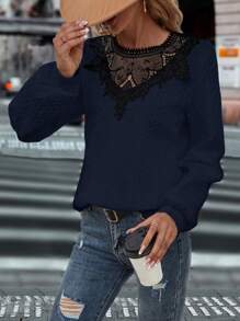 SHEIN Clasi Guipure Lace Insert Sweatshirt - Navy Blue - View 3