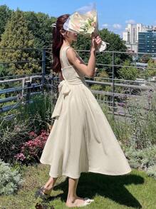 DAZY 纯色抽绳侧吊带连衣裙太阳裙，休闲女装 - 米色 - 查看 5