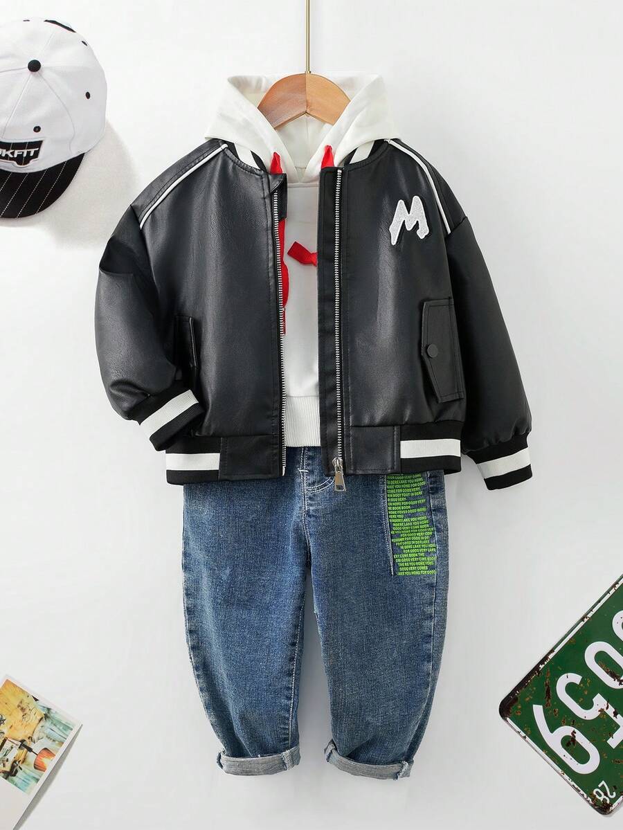 Chàng trai trẻ 1 Miếng Thêu Mẫu chữ Sọc trang trí chất liệu da PU Áo khoác bomber - màu đen - Xem 1