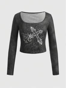 ROMWE Grunge Punk Camiseta crop cruzado con estampado - Gris - Ver 1
