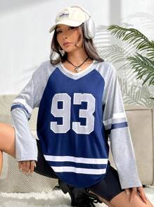 SHEIN Unity Đồ họa Chữ cái Tay Raglan Sọc trang trí Áo thun - Nhiều màu - Xem 1