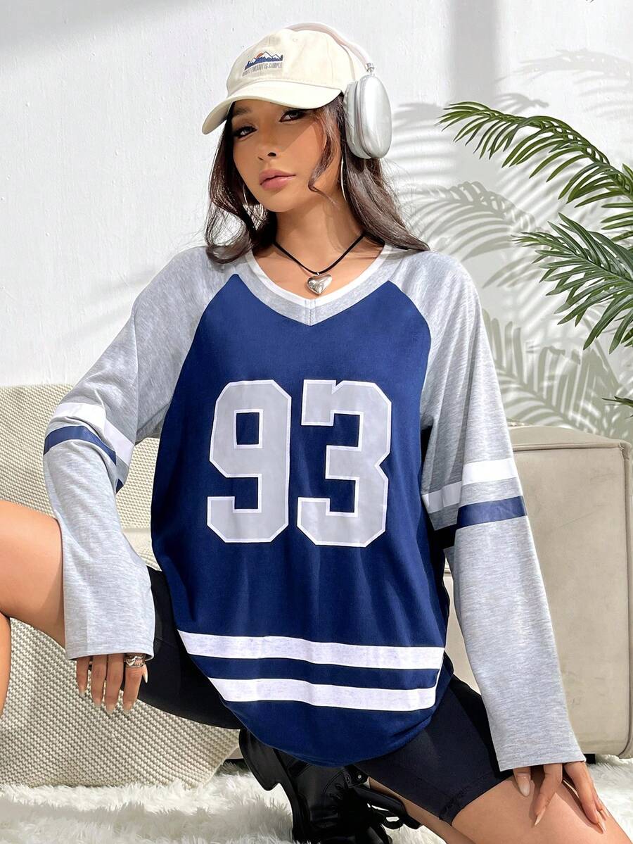 SHEIN Unity Đồ họa Chữ cái Tay Raglan Sọc trang trí Áo thun - Nhiều màu - Xem 1