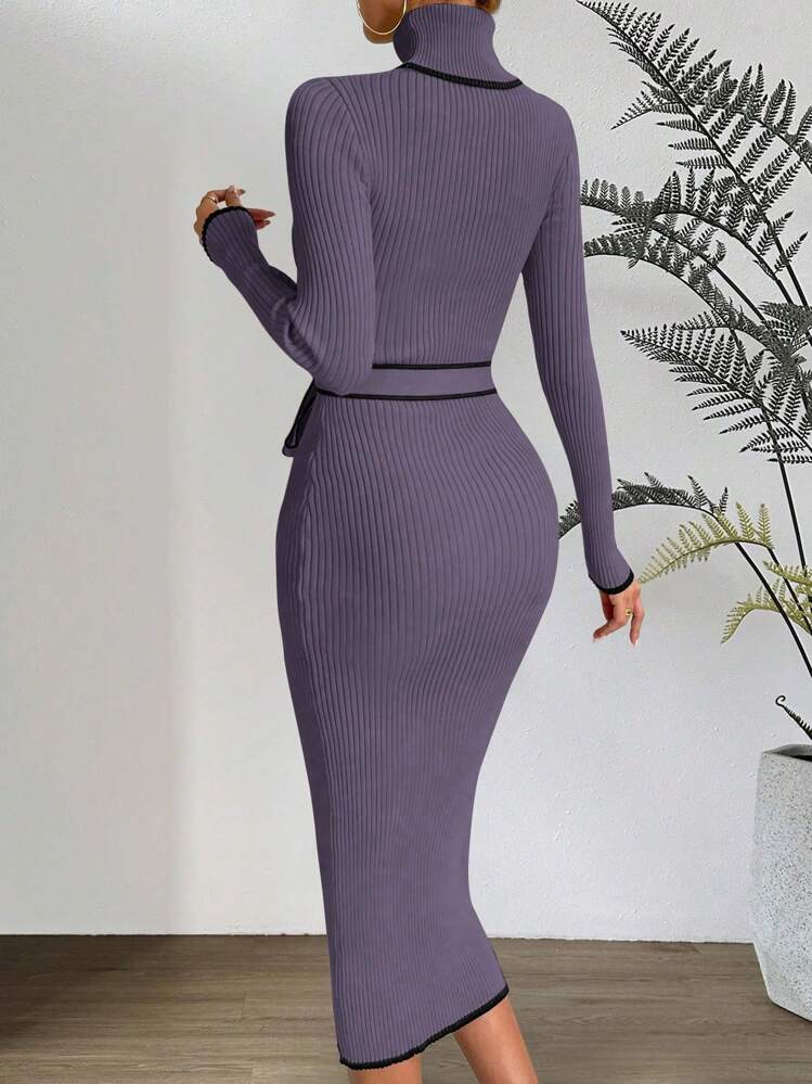 SHEIN Clasi Contrast Binding Turtleneck Belted Sweater Dress Fall Winter Cloth For Women - Purple - View 2