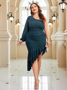 SHEIN Belle Plus One Shoulder Lantern Sleeve Ruched Ruffle Asymmetrical Hem Glitter Dress - Dark Green - View 5