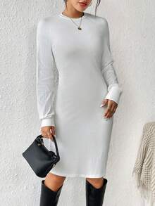 SHEIN Essnce 素色插肩袖緊身洋裝不附腰帶 - 白色 - 查看 3