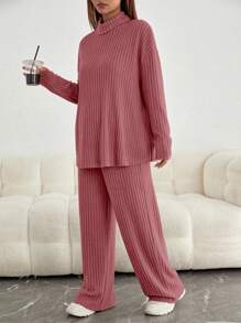 SHEIN 孕婦小高領落肩T恤&可調節腰圍長褲 - 紅木色 - 查看 5