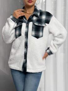 SHEIN Unity Plaid Print Drop Shoulder Flap Pocket Teddy Coat - Multicolor - View 5