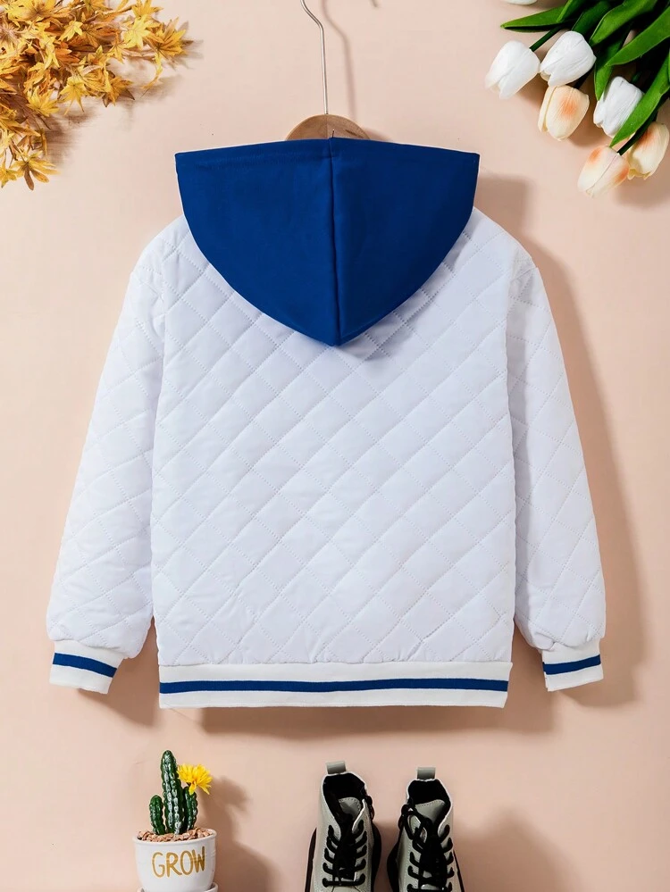 Tween Girl Letter Patched Striped Trim Drop Shoulder Hooded Quilted Varsity Jacket