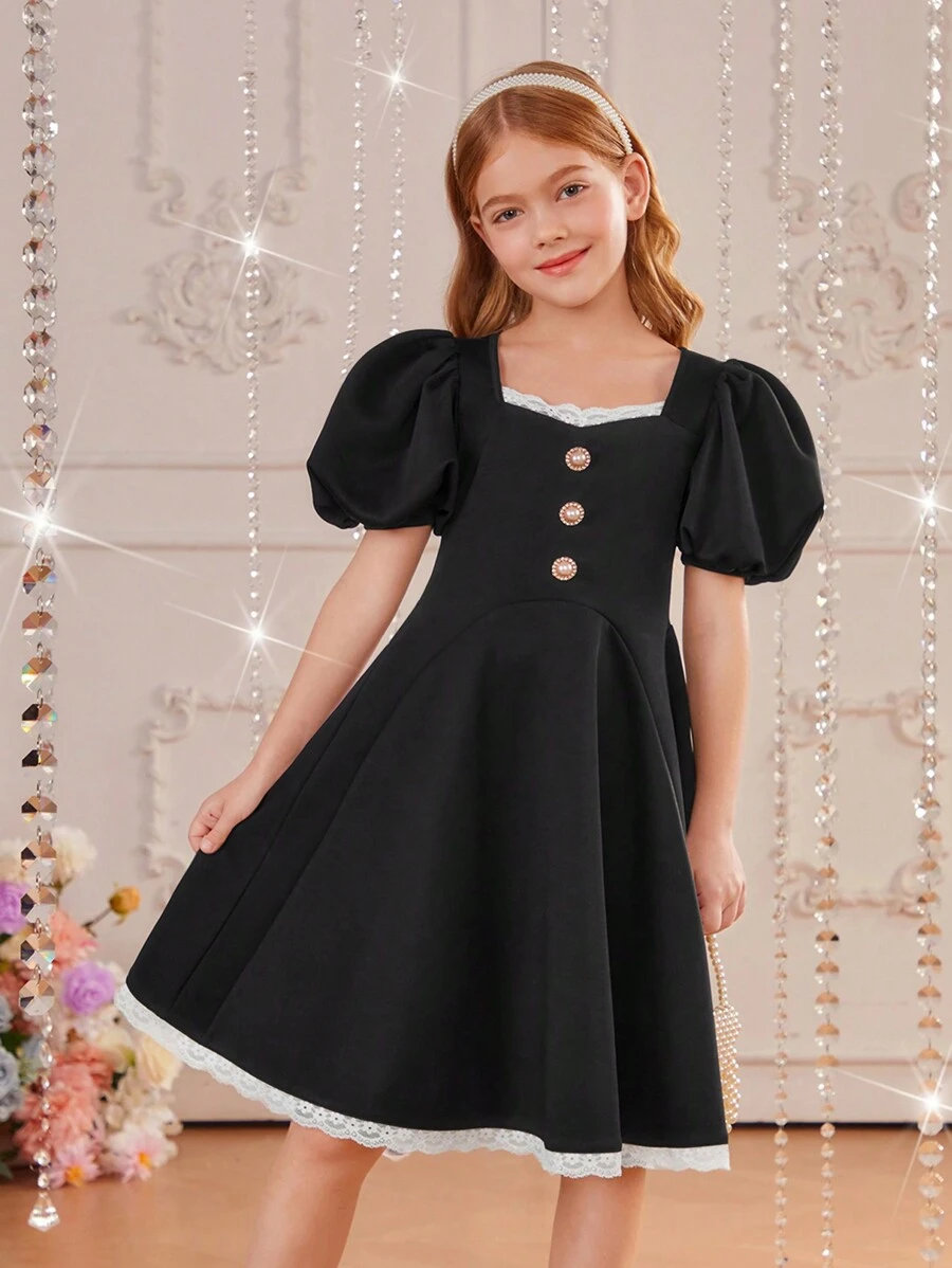 SHEIN Tween Girl 1pc Contrast Lace Puff Sleeve Button Front Dress - Black and White - View 1