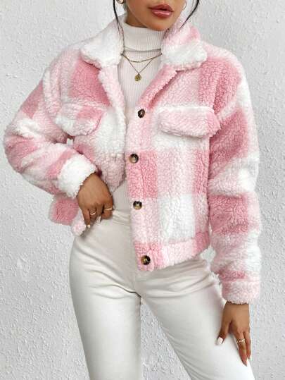 RosyDaze Plaid Lamb Wool Women's Winter Jacket - Front Pocket Design, Warm Short Coat Fall Cloth For Women