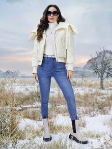 SHEIN Essnce Zip Up Ruffle Trim Down Coat - White - View 3