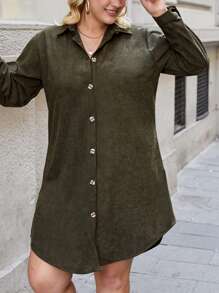 RueChic Plus Solid Button Front Shirt Dress Without Belt - Army Green - View 5