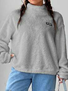 SHEIN EZwear 字母貼布落肩袖搖粒絨運動衫 - 灰色 - 查看 6