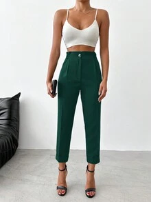SHEIN Cottnline بنطلون بدلة خصر عالي جيب مائل - أخضر داكن - مشاهدة 5