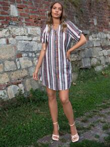 SHEIN LUNE Striped Print Roll Tab Sleeve Button Front Curved Hem Dress - Multicolor - View 3