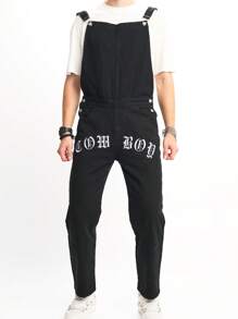 Manfinity Homme 男士字母圖案牛仔背帶褲不帶T恤 - 黑色 - 查看 3