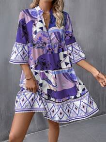 SHEIN VCAY 幾何印花荷葉袖荷葉邊娃娃裙 - 紫色 - 查看 1