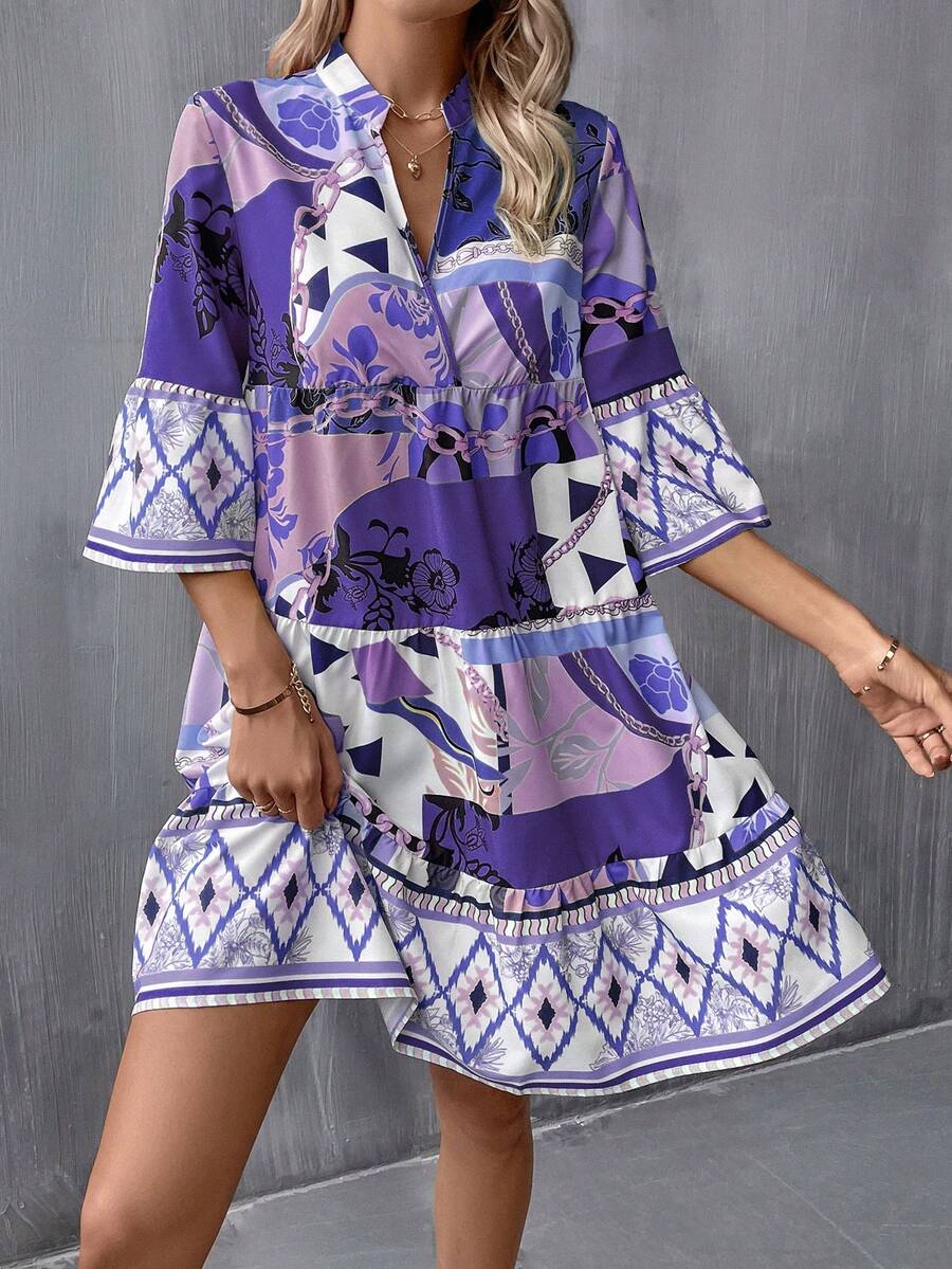 SHEIN VCAY 幾何印花荷葉袖荷葉邊娃娃裙 - 紫色 - 查看 1