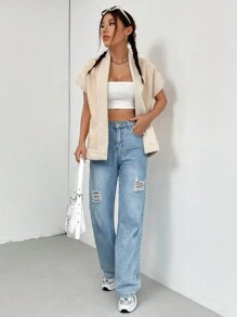 SHEIN Unity Tương phản Trang trí Fuzzy Mở Mặt trước áo - Màu be - Xem 5