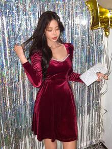 DAZY 甜心领泡泡袖丝绒连衣裙舞会礼服，秋季红色女装圣诞节优雅女装 - 紅色 - 查看 5