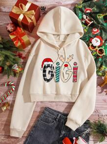 SHEIN EZwear 加大码圣诞印花落肩抽绳保暖内衬卫衣 - 杏色 - 查看 1