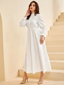 Seusyu 荷叶边下摆连衣裙和前系带背心夹克两件套 - 卡其色 - 查看 6