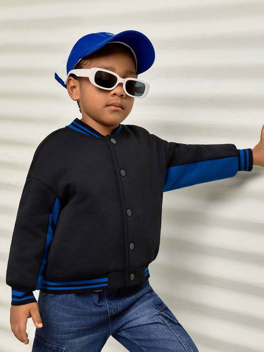 SHEIN Young Boy Letter Patched Striped Trim Drop Shoulder Thermal Lined Bomber Jacket - Multicolor - View 1