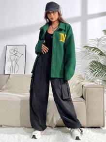 SHEIN Unity Thư được vá Thả vai Lót Teddy áo - Màu xanh lá cây đậm - Xem 4