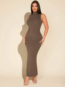 SHEIN X GiudiceGirls Lông cừu nhiệt Cổ giả Không tay Quần bó Thanh lịch Đầm Đối với phụ nữ - Màu Khaki - Xem 1