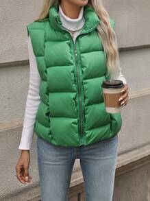 Chiquease Chất rắn Dây kéo Áo vest Puffer Gilet - màu xanh lá - Xem 6
