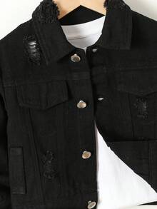 Young Boy Ripped Flap Pocket Denim Jacket Without Tee - Black - View 4