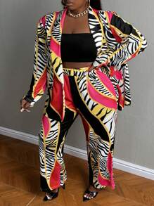 Slaydiva Plus Zebra Striped & Chain Print Blazer & Flare Leg Pants - Multicolor - View 3