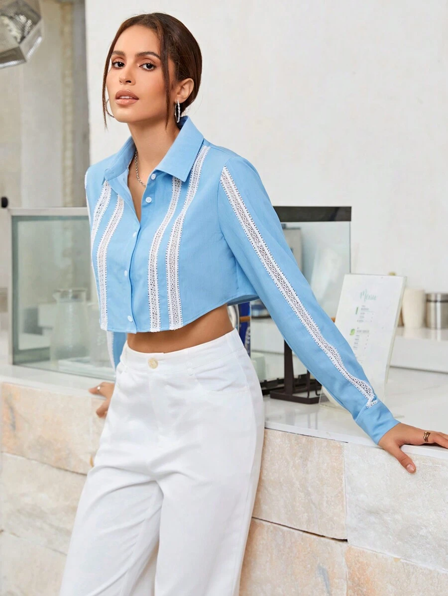 SHEINNeu Chèn ren Guipure Nút phía trước Mùa vụ Áo sơ mi - Màu xanh nhạt - Xem 1