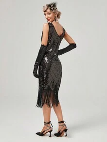 1920s Retro Fringed V-Neck Sequin Beaded Dress, Party Theme Dress (Gloves Not Included) - Black - View 2