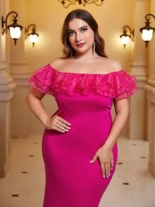 SHEIN Belle 大碼一字肩荷葉邊高衩正式洋裝 - 玫紅色 - 查看 7