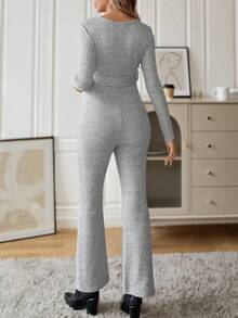 SHEIN 孕婦素色腰帶喇叭連身褲 - 杏色 - 查看 2