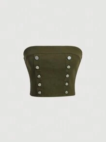 SHEIN MOD Button Detail Shirred Back Tube Top - Army Green - View 1