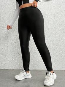 SHEIN EZwear 大碼素色PU皮打底褲 - 黑色 - 查看 4