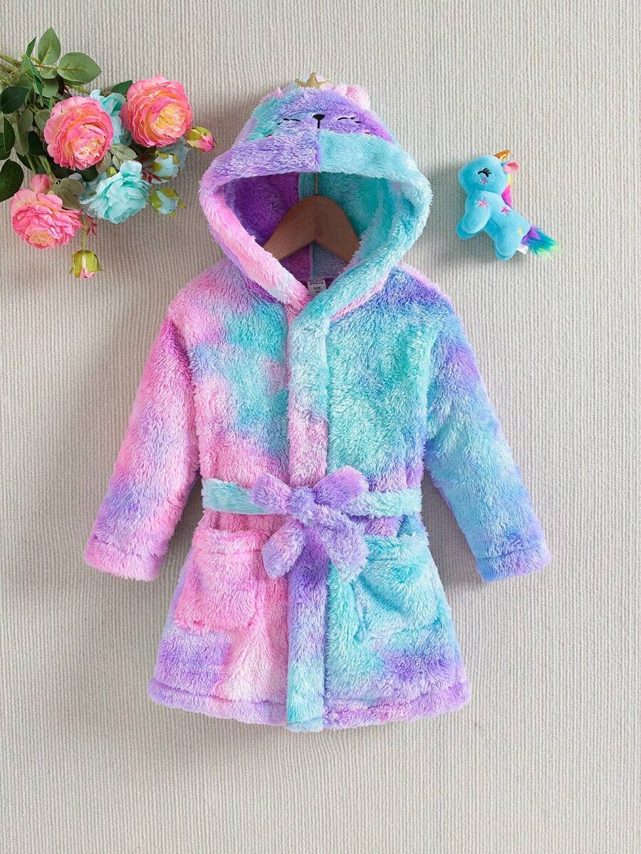 Cô Gái Trẻ Nhuộm buộc Thêu Hoạt hình Thiết kế tai 3D áo có mũ Thắt lưng Áo khoác Teddy - Nhiều màu - Xem 1