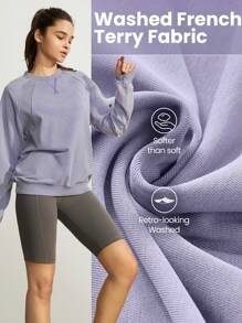 GLOWMODE Washed French Terry Retro Pullover With Thumbhole Crew Neck - Purple - View 4