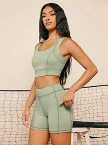 VARSITIE 運動瑜伽基本款胸墊配套坦克上衣和緊身褲套裝 - 綠色 - 查看 4