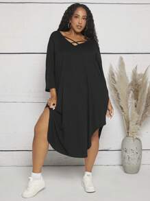 SHEIN CURVE+ Plus Crisscross Front Curved Black Long Sleeve Hem Tee Dress - Black - View 1