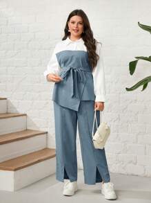 Mulvari 大碼雙色腰帶襯衫&下擺開叉長褲 - 藍白色 - 查看 4