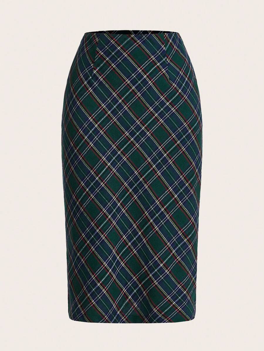 SHEIN EZwear Plaid Print Split Hem Skirt - Dark Green - View 1