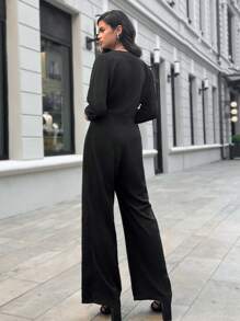 SHEIN Cottnline Double Breasted Wide Leg Jumpsuit - Black - View 2