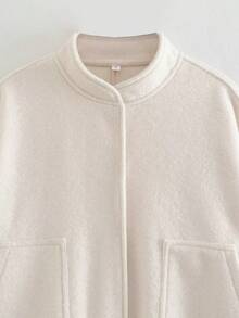 Solid Stand Collar Drop Shoulder Jacket - Beige - View 3