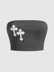 ROMWE Goth 交叉印花抹胸上衣 - 灰色 - 查看 1